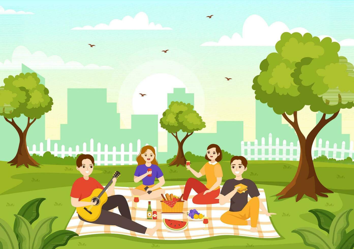 picnic all'aperto vettore illustrazione di persone seduta su un' verde erba nel natura su estate vacanza vacanze nel piatto cartone animato mano disegnato modelli