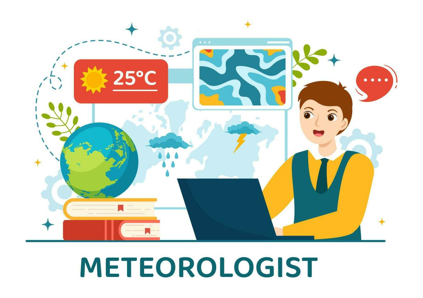 meteorologo vettore illustrazione con tempo metereologico previsione e atmosferico precipitazione carta geografica nel piatto cartone animato mano disegnato atterraggio pagina modelli