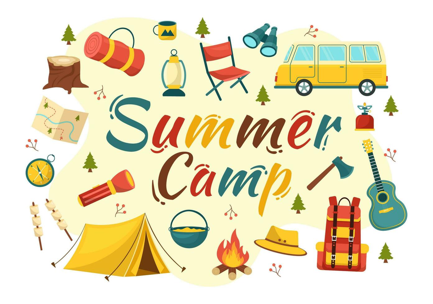 estate campo vettore illustrazione di campeggio e in viaggio su vacanza con attrezzatura come come tenda, zaino e altri nel piatto cartone animato modelli