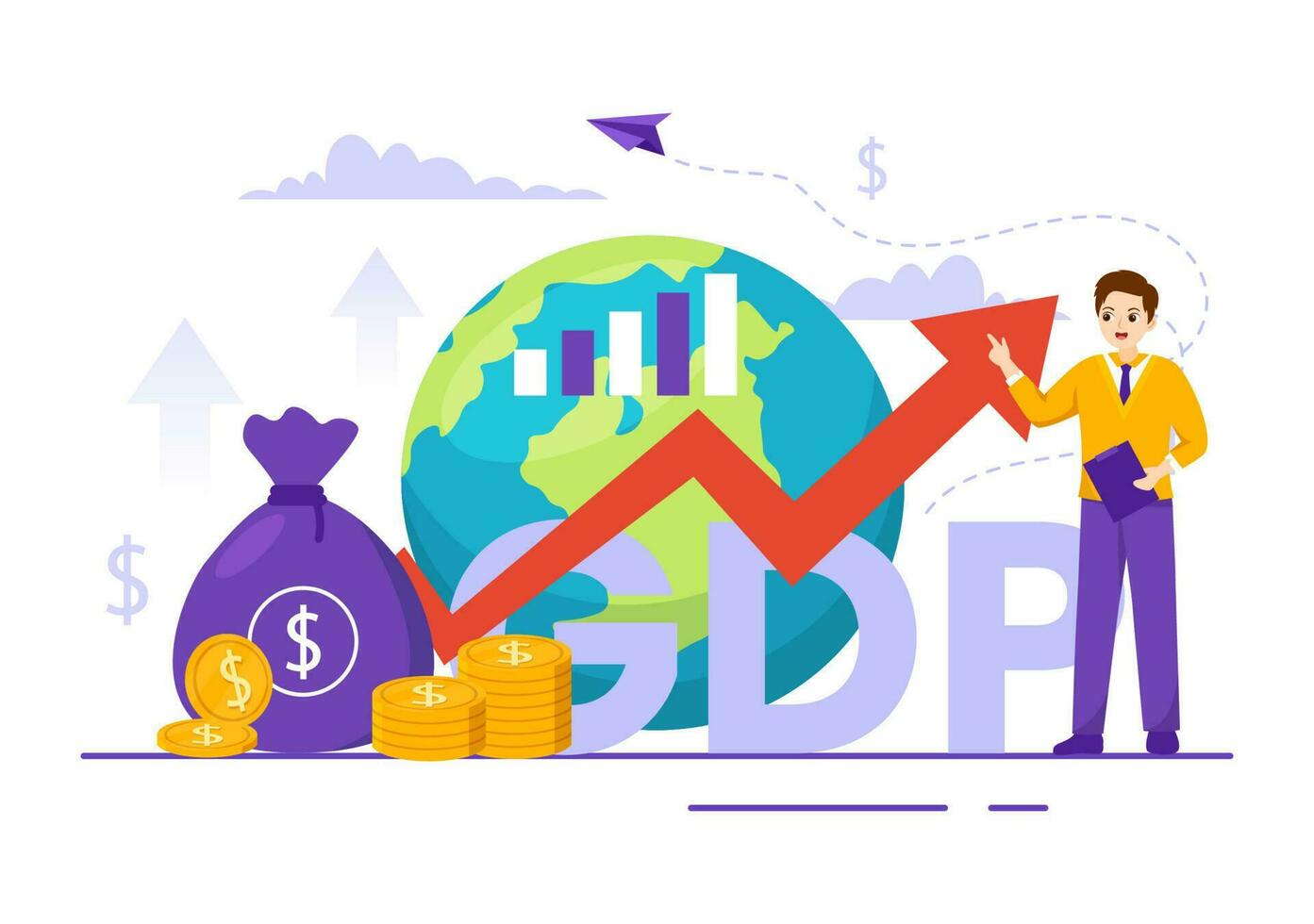 gdp o schifoso domestico Prodotto vettore illustrazione con economico crescita colonna e mercato produttività grafico nel piatto cartone animato mano disegnato modelli