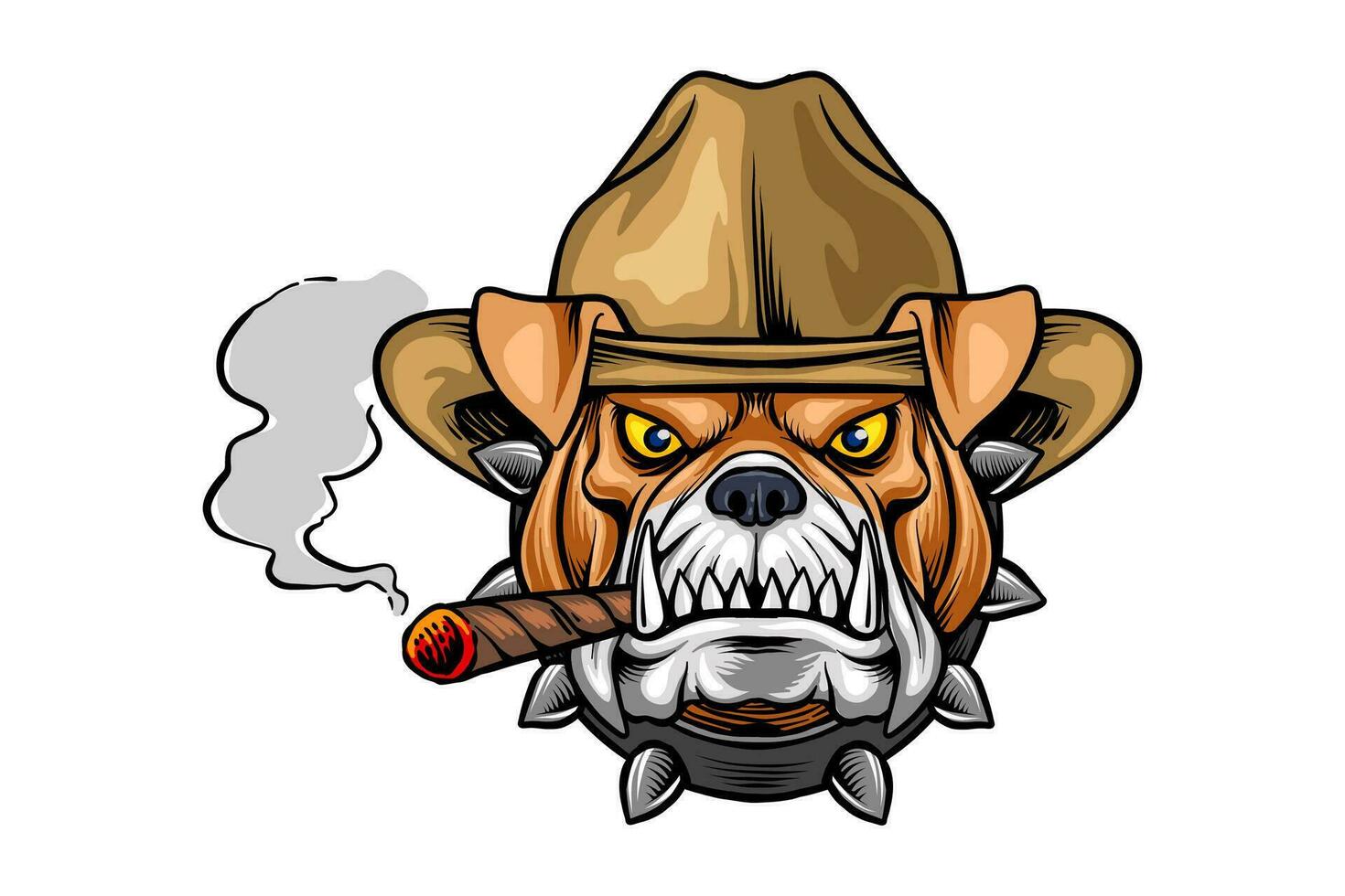 vettore illustrazione di un' bulldog testa indossare un' cowboy cappello e fumo un' sigaro