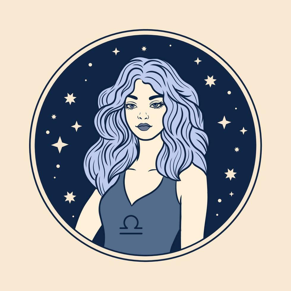 Libra donna zodiaco cartello, bellissimo ragazza viso, oroscopo simbolo vettore
