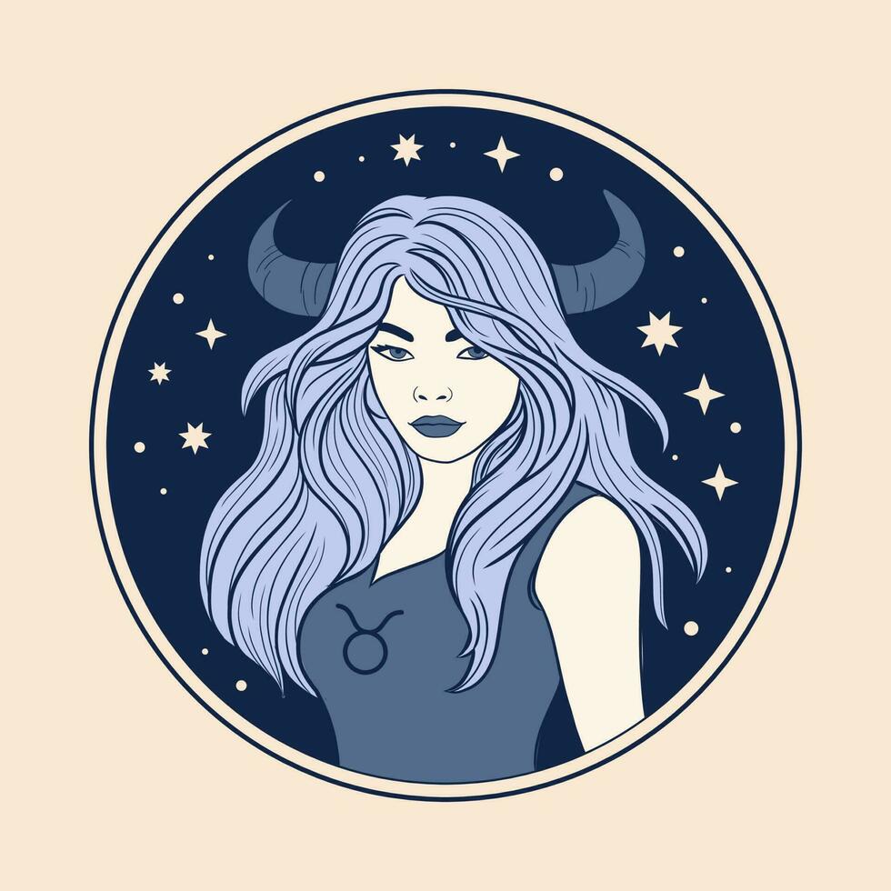 Toro donna zodiaco cartello, bellissimo ragazza viso, oroscopo simbolo vettore