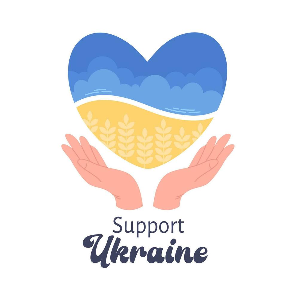 Ucraina bandiera nel il forma di cuore. Salva Ucraina, supporto Ucraina. Grano i campi e blu cielo vettore