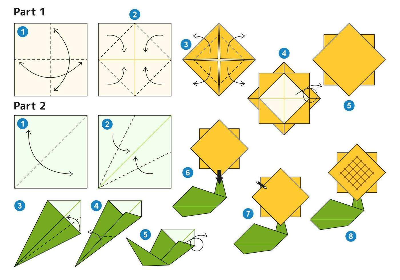 girasole origami schema lezione in movimento modello. origami per bambini. passo di passo Come per rendere un' carino origami fiore. vettore illustrazione.