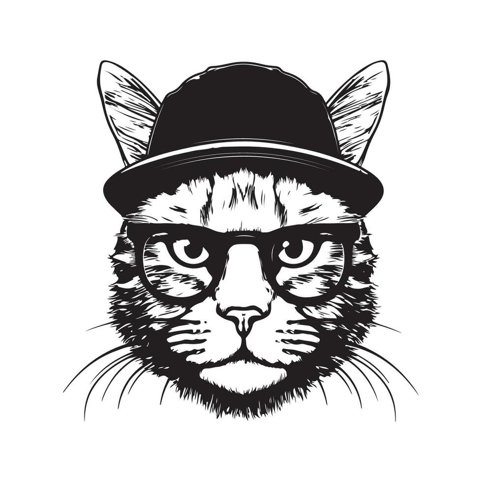 divertente fricchettone gatto, Vintage ▾ logo linea arte concetto nero e bianca colore, mano disegnato illustrazione vettore