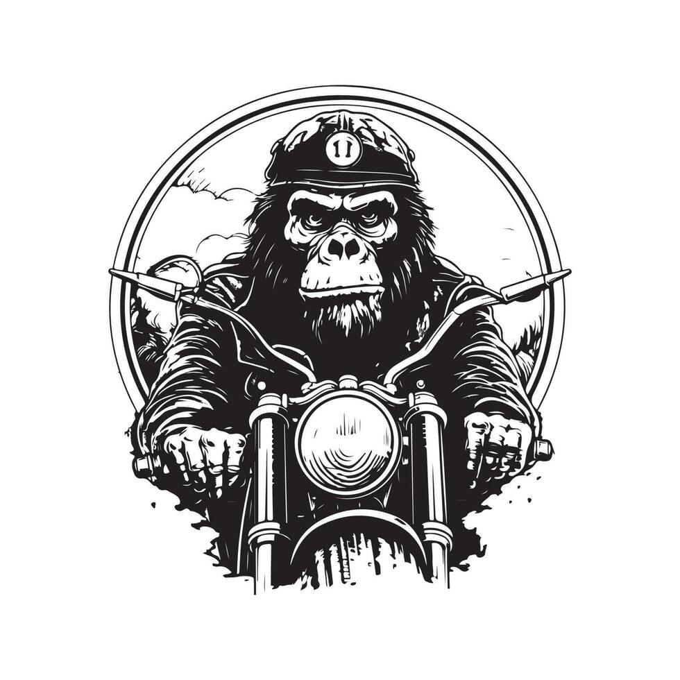 gorilla motociclista, Vintage ▾ logo linea arte concetto nero e bianca colore, mano disegnato illustrazione vettore