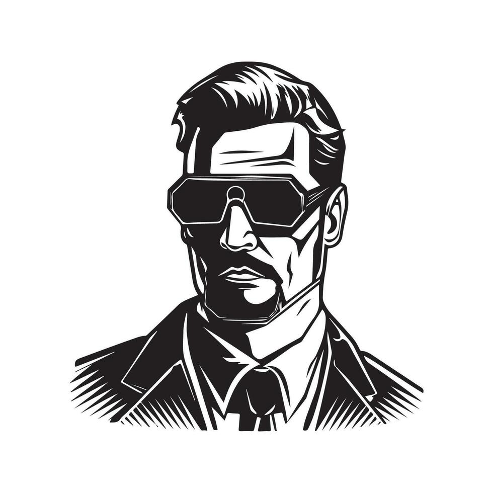 uomo nel informatica occhiali, Vintage ▾ logo linea arte concetto nero e bianca colore, mano disegnato illustrazione vettore