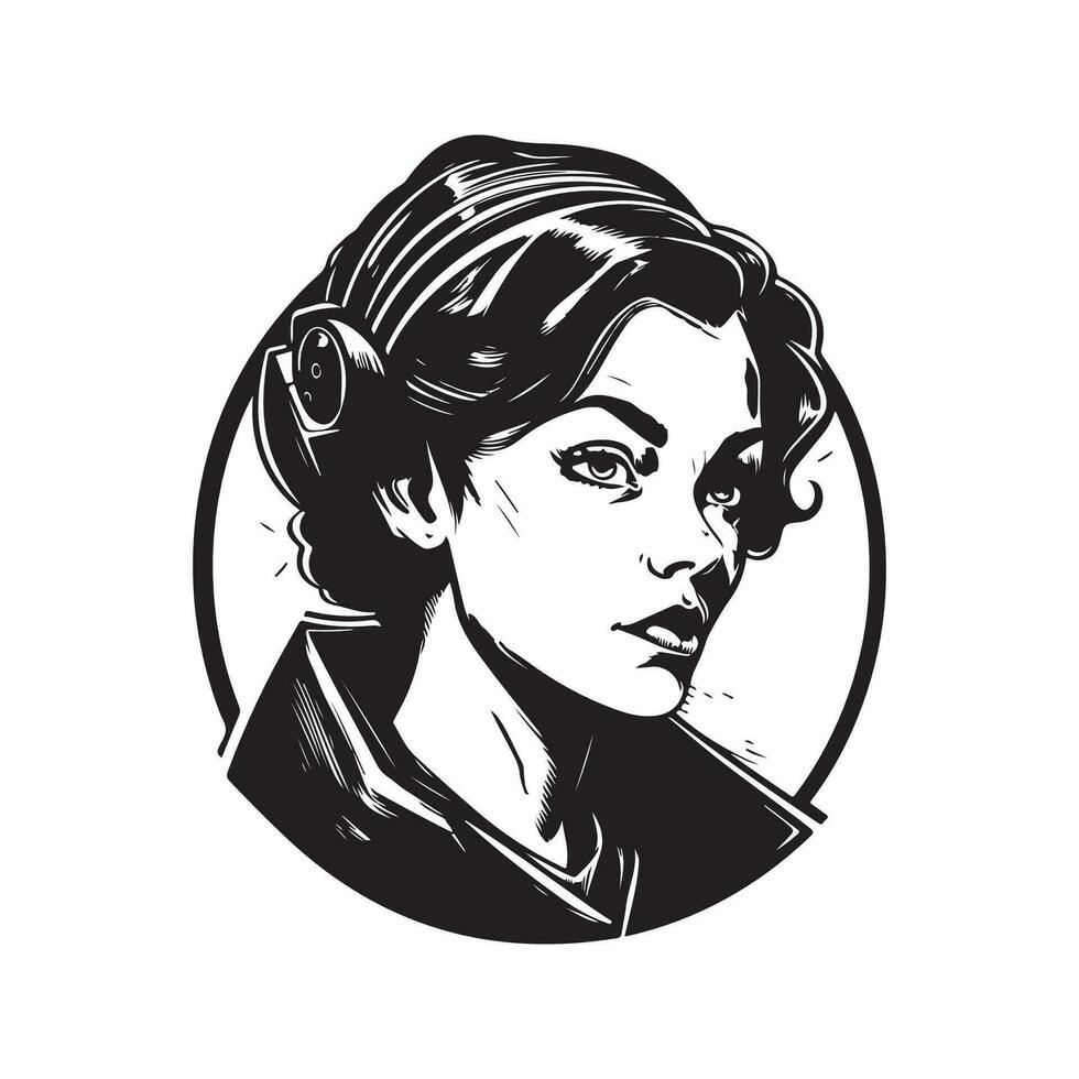 grave giovane ragazza, Vintage ▾ logo linea arte concetto nero e bianca colore, mano disegnato illustrazione vettore