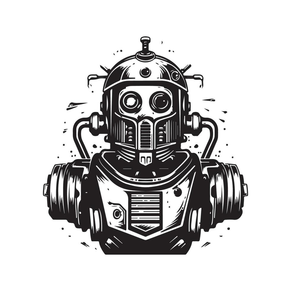 futuristico robot, Vintage ▾ logo linea arte concetto nero e bianca colore, mano disegnato illustrazione vettore