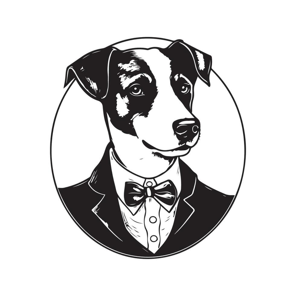 Jack russell terrier indossare completo da uomo, Vintage ▾ logo linea arte concetto nero e bianca colore, mano disegnato illustrazione vettore