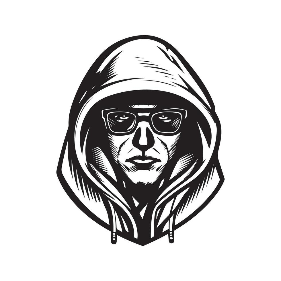 uomo nel cappuccio e informatica occhiali, Vintage ▾ logo linea arte concetto nero e bianca colore, mano disegnato illustrazione vettore
