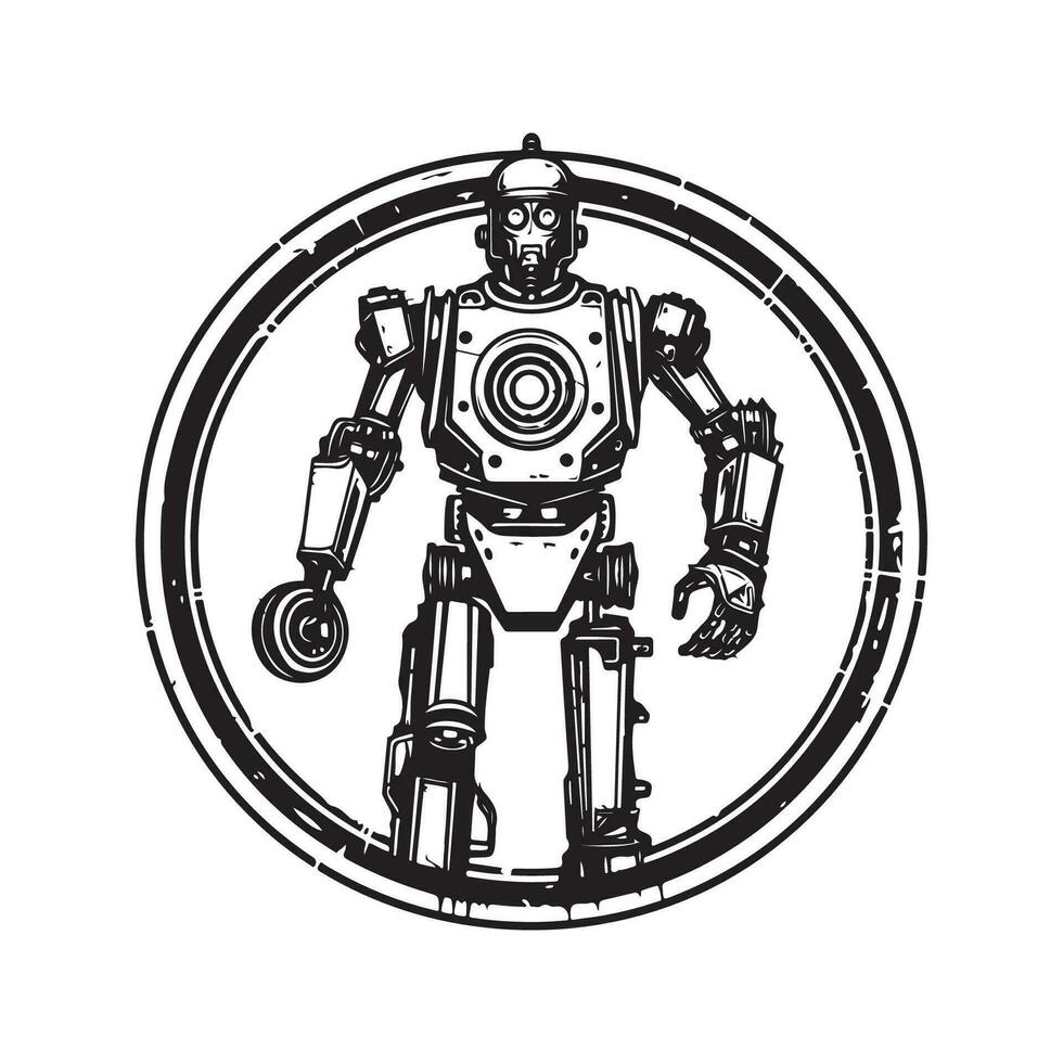 militare robot, Vintage ▾ logo linea arte concetto nero e bianca colore, mano disegnato illustrazione vettore