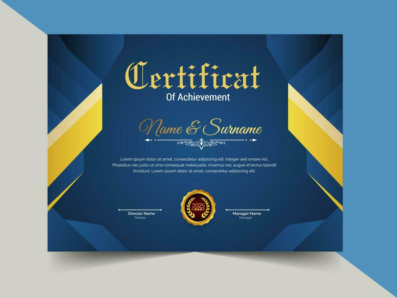 creativo certificato di realizzazione modello design. lusso elegante blu e oro diploma, aziendale formazione certificato design vettore