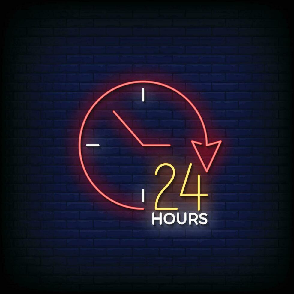 neon cartello 24 ore con mattone parete sfondo vettore