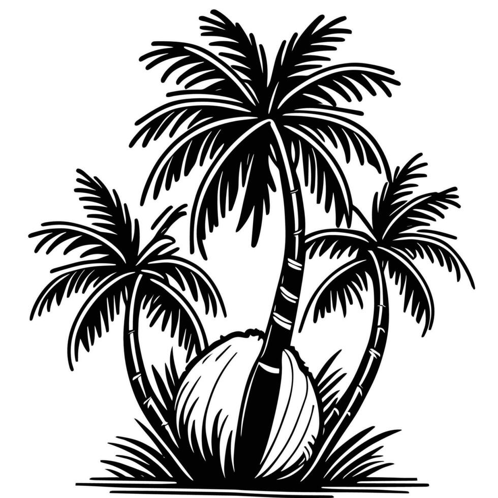 Questo è un' Noce di cocco albero vettore silhouette, Noce di cocco albero linea arte vettore nero e bianca.
