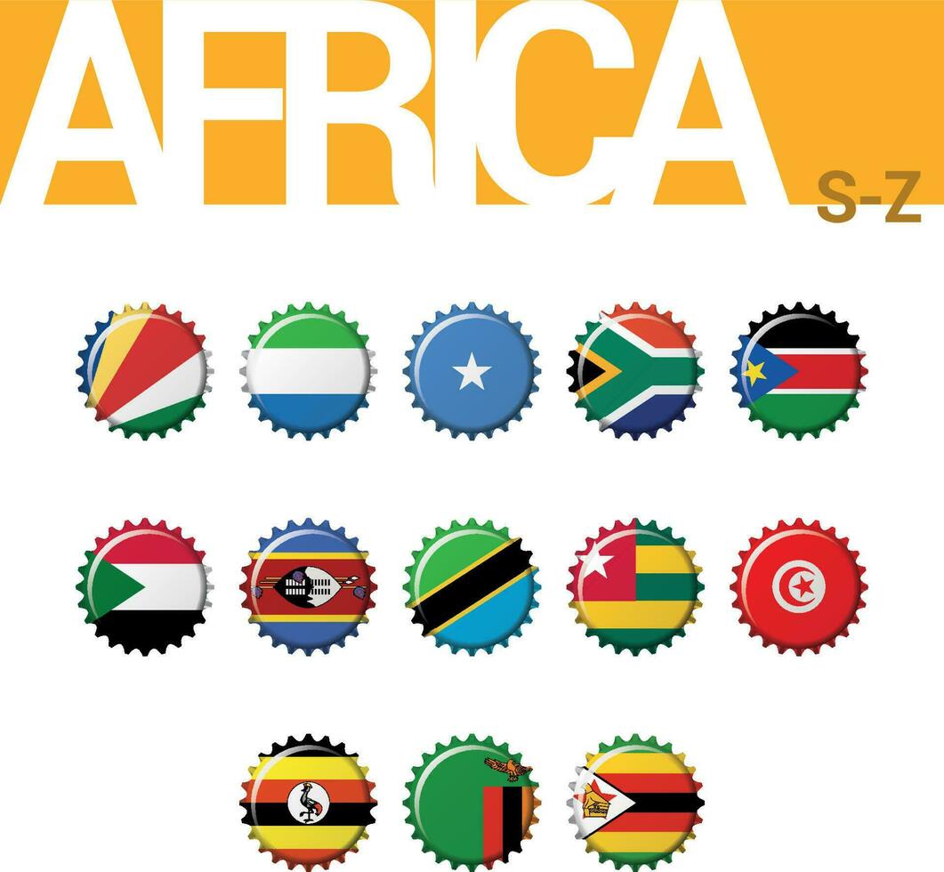 impostato di 13 tappo di bottiglia bandiere di Africa. impostato 4 di 4. vettore illustrazione. seychelles, sierra leone, Somalia, Sud Africa, Sud Sudan, Sudan, swaziland, Tanzania, andare, tunisia, Uganda, Zambia, Zimbabwe.