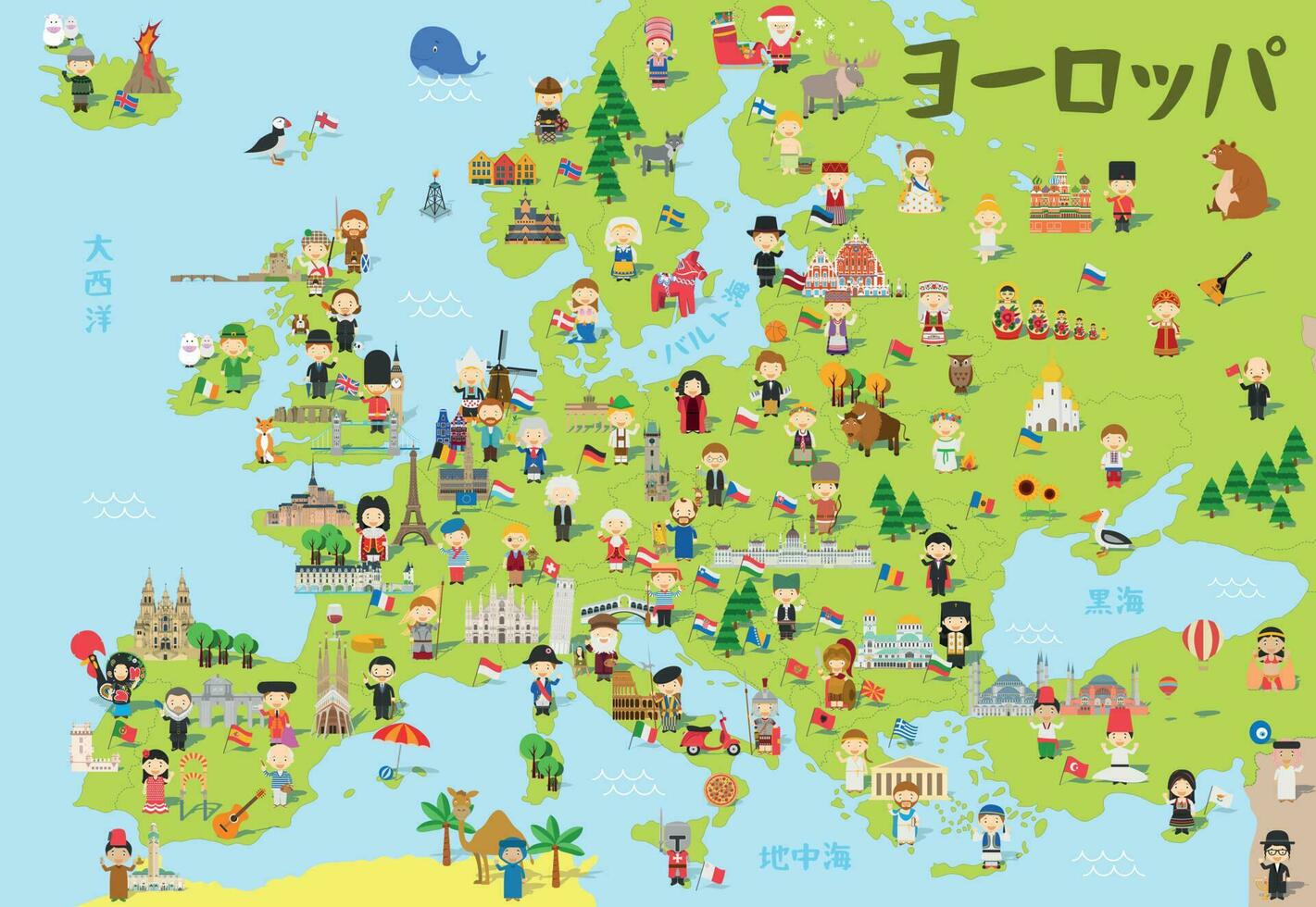 divertente cartone animato carta geografica di Europa nel giapponese con bambini di diverso nazionalità, monumenti, animali e oggetti di tutti il Paesi. vettore illustrazione per prescolastico formazione scolastica e bambini design.