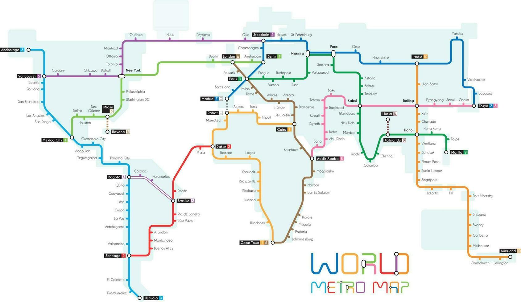 vettore illustrazione di un' mondo carta geografica progettato come un' metropolitana carta geografica