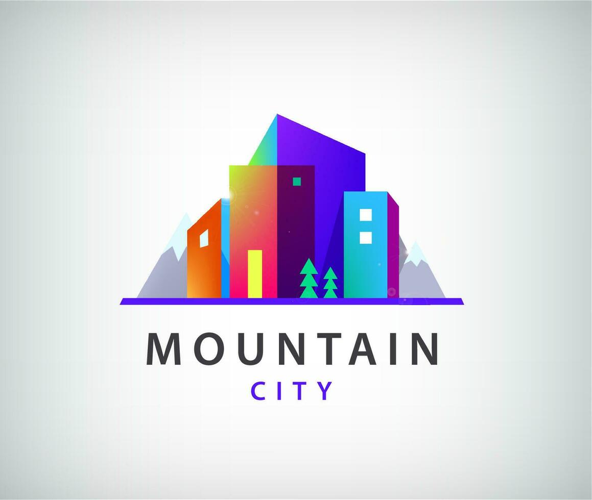 vettore città con montagne logo, moderno edifici icona