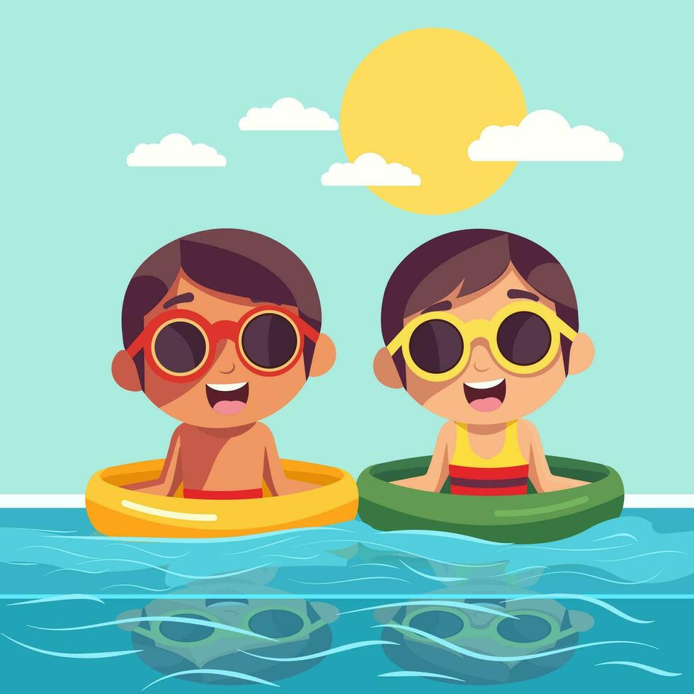 Due ragazzi indossare occhiali da sole e nuoto, gonfiabile squillare nel acqua per piscina festa nel estate vacanza. vettore