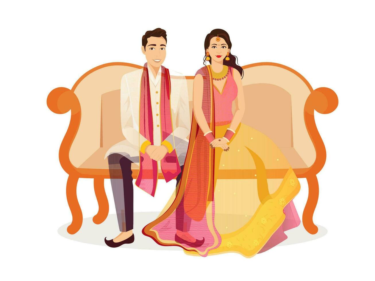 contento indiano nozze coppia personaggio sedersi su divano nel tradizionale abbigliamento. vettore