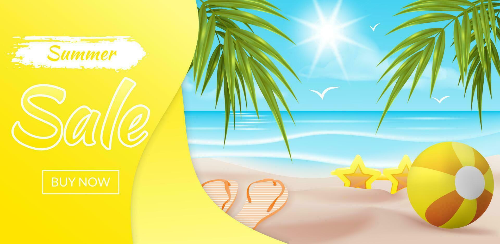 grande giallo vendita bandiera con palma foglie, sabbia, spiaggia palla e occhiali da sole per speciale offerte, vacanza sconti e estate promozioni nel negozi o in linea. tropico spiaggia paesaggio illustrazione con oceano vettore