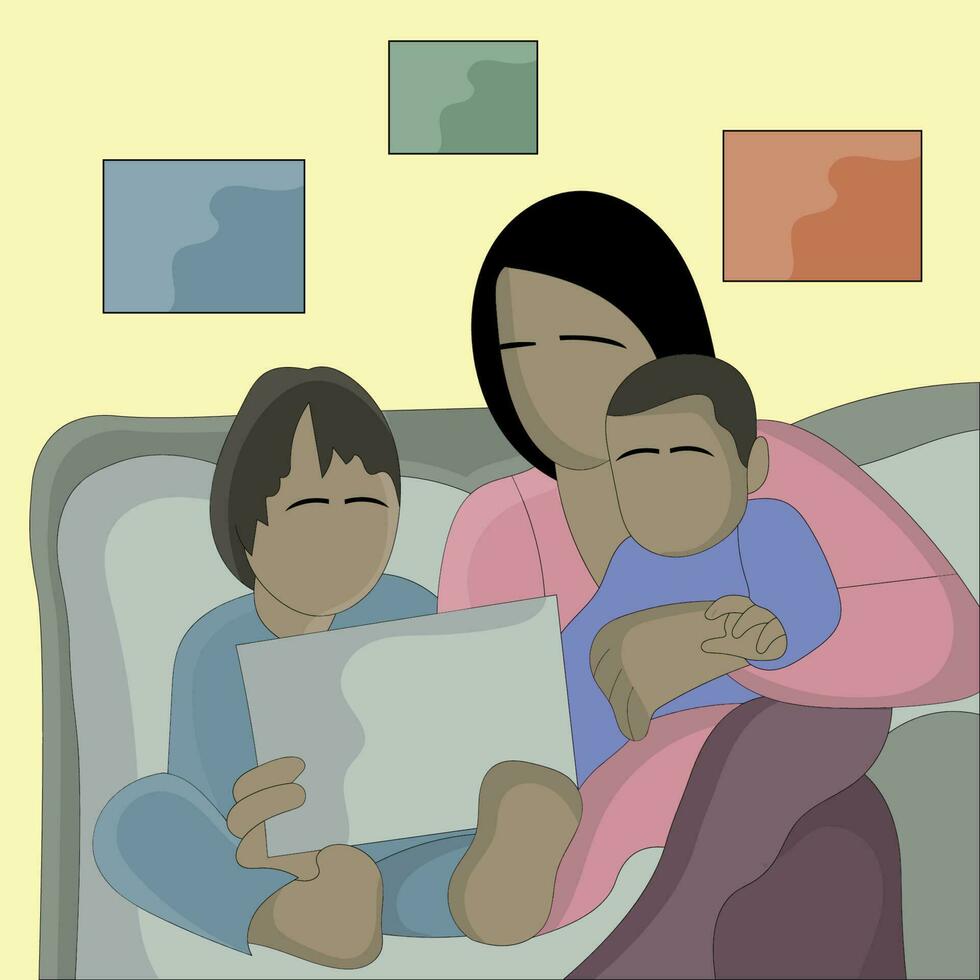 vettore un' mamma telling di andare a dormire storie per sua bambini piatto design