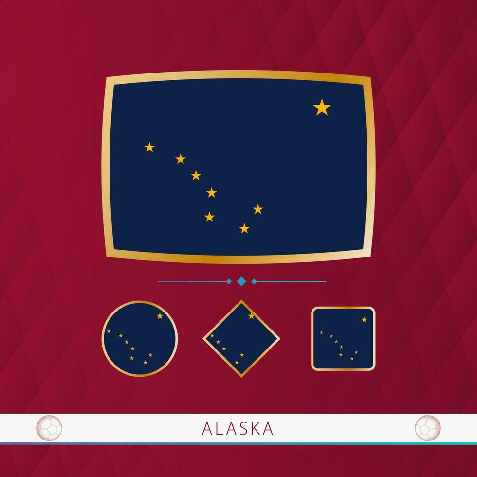 impostato di alaska bandiere con oro telaio per uso a sportivo eventi su un' Borgogna astratto sfondo. vettore