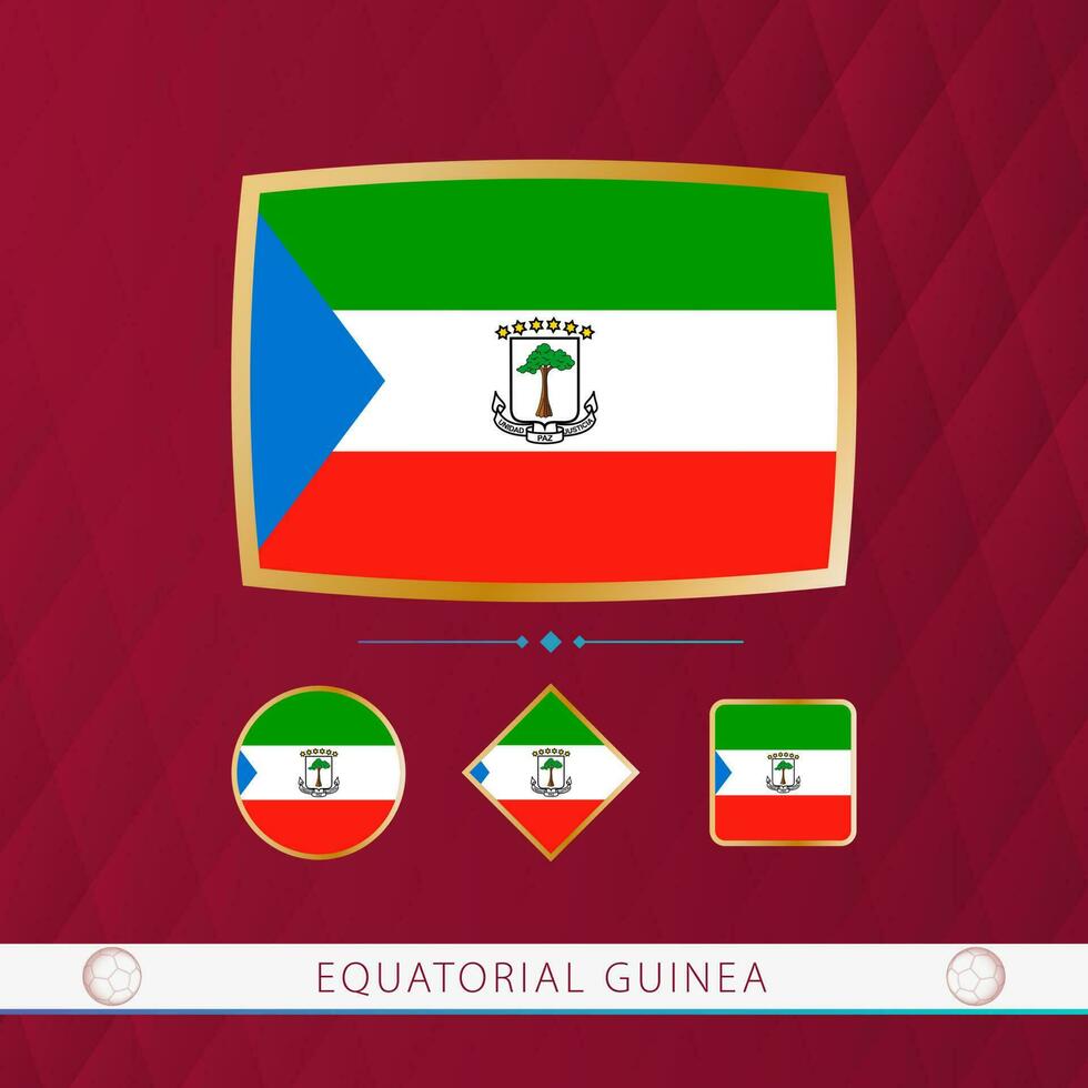 impostato di equatoriale Guinea bandiere con oro telaio per uso a sportivo eventi su un' Borgogna astratto sfondo. vettore