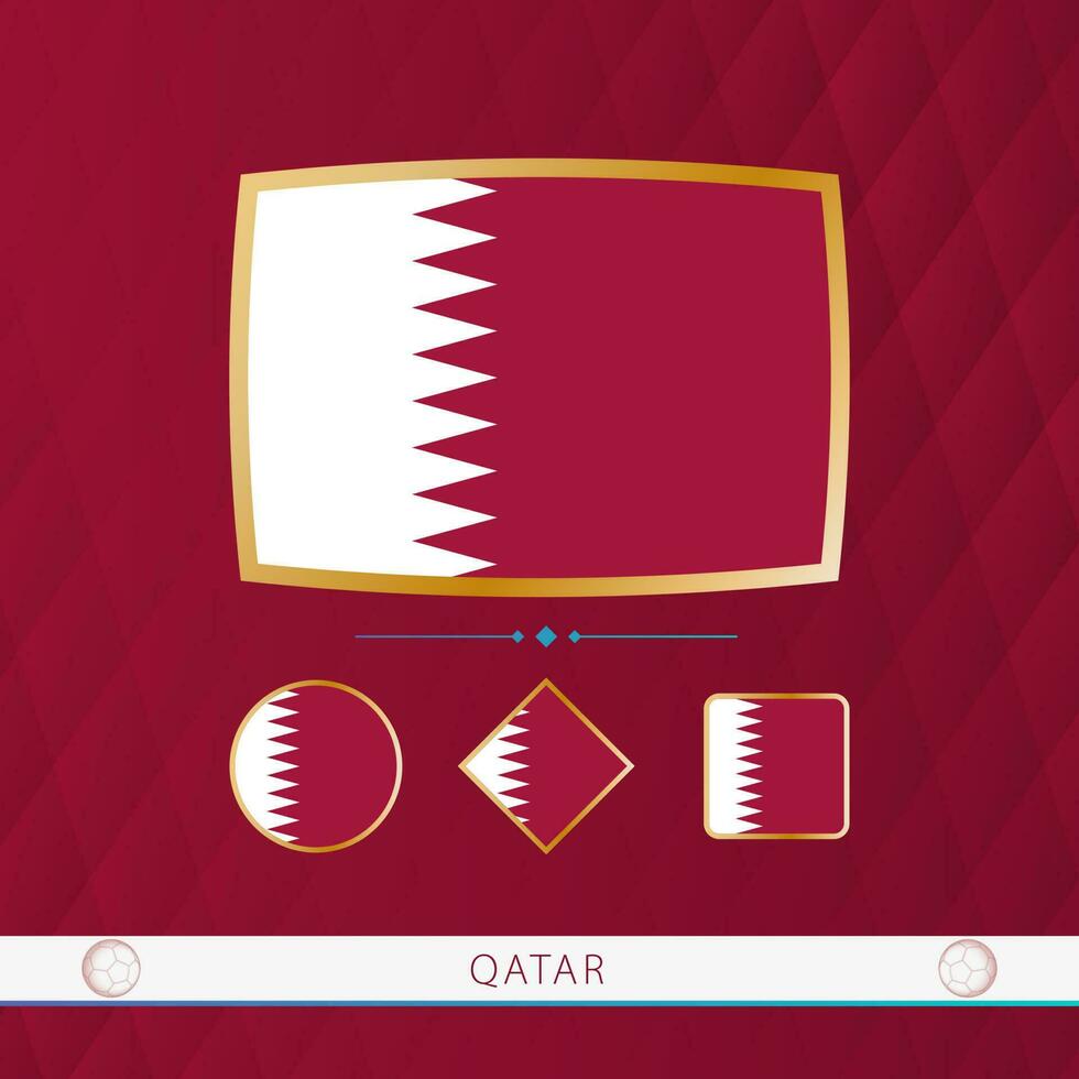 impostato di Qatar bandiere con oro telaio per uso a sportivo eventi su un' Borgogna astratto sfondo. vettore