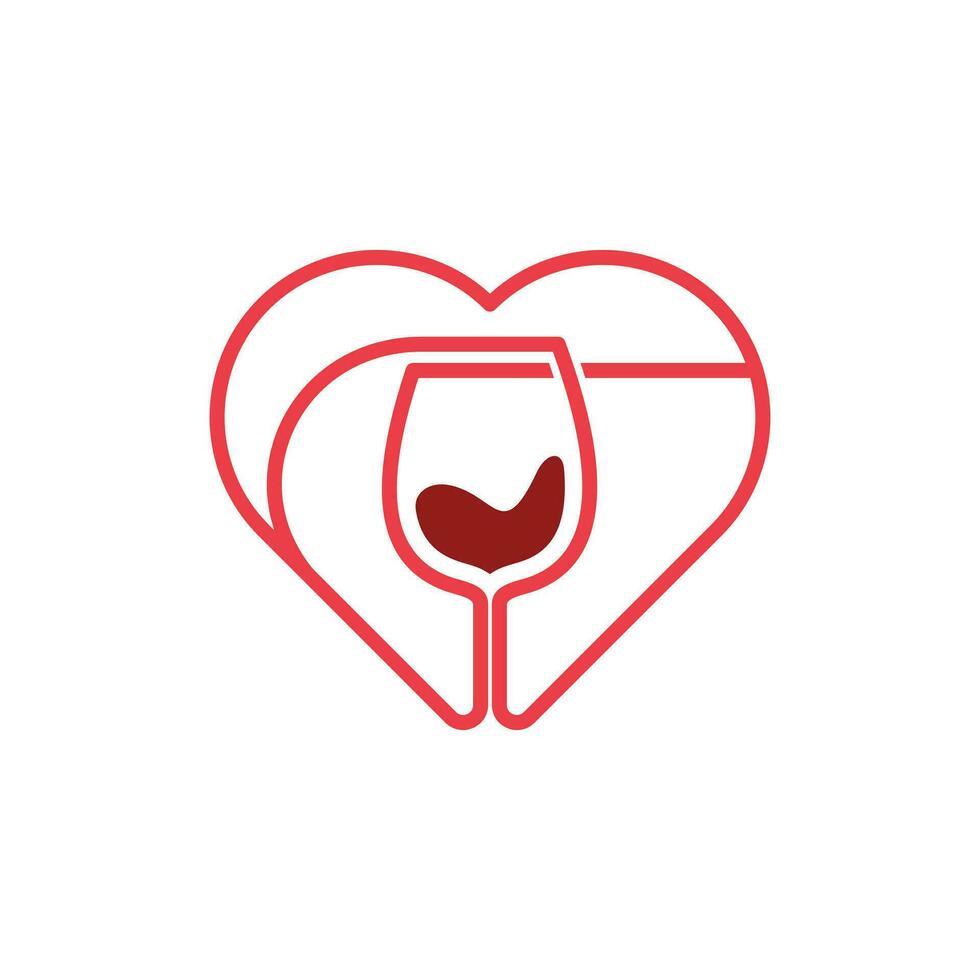 bicchiere e bottiglia con cuore, vino bicchiere logo romanza amore icona stile design modello vettore
