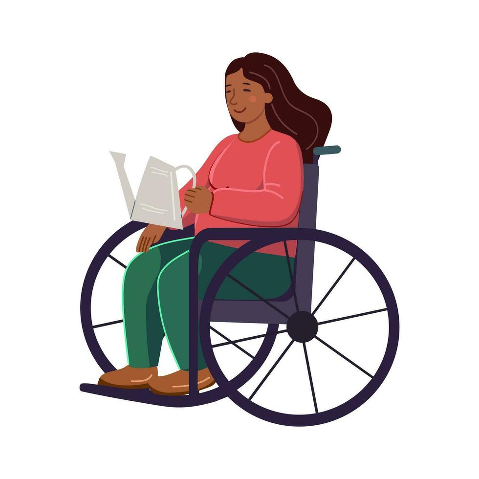 giovane africano americano donna nel un' sedia a rotelle con un' irrigazione può nel sua mani. giardinaggio piatto vettore illustrazione. uguaglianza, tolleranza, inclusione.