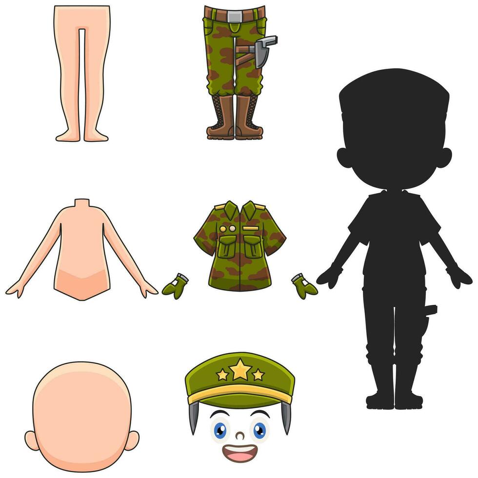 esercito soldato cartone animato illustrazione puzzle gioco impostato vettore