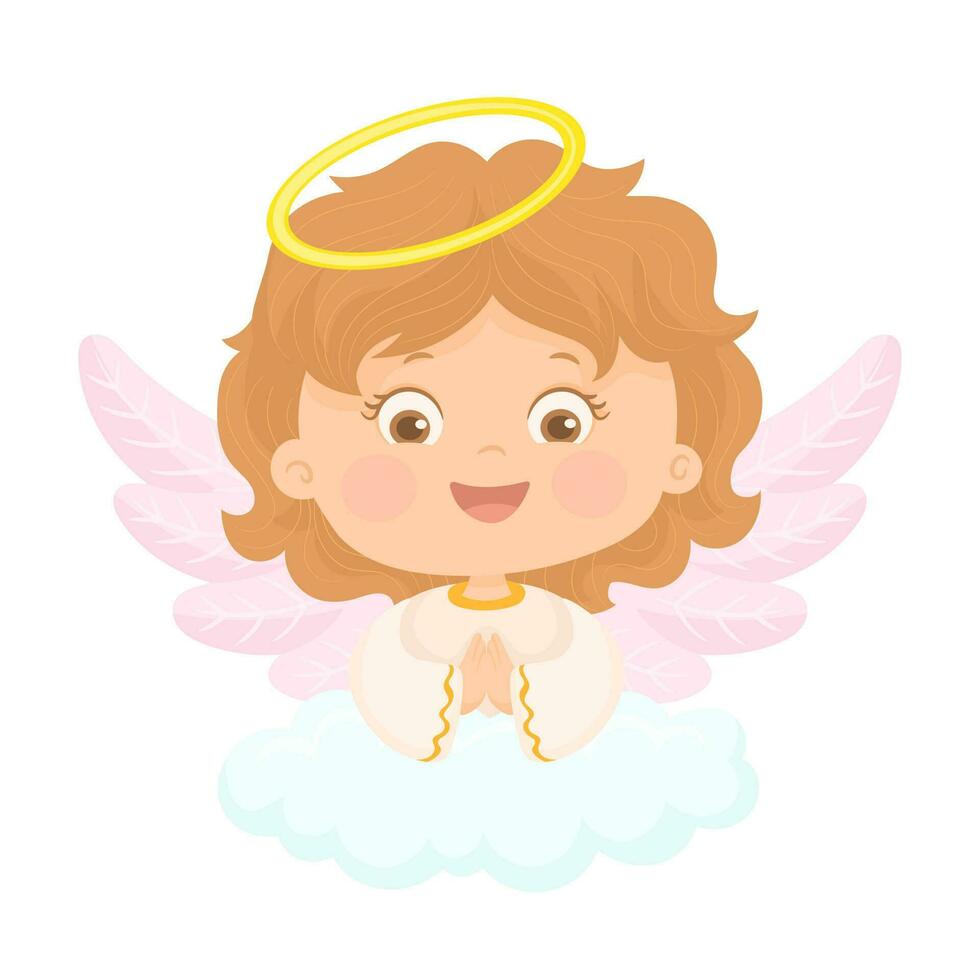 carino bambino angelo giri per Dio, il suo mani piegato nel preghiera. religioso figli di personaggio vettore