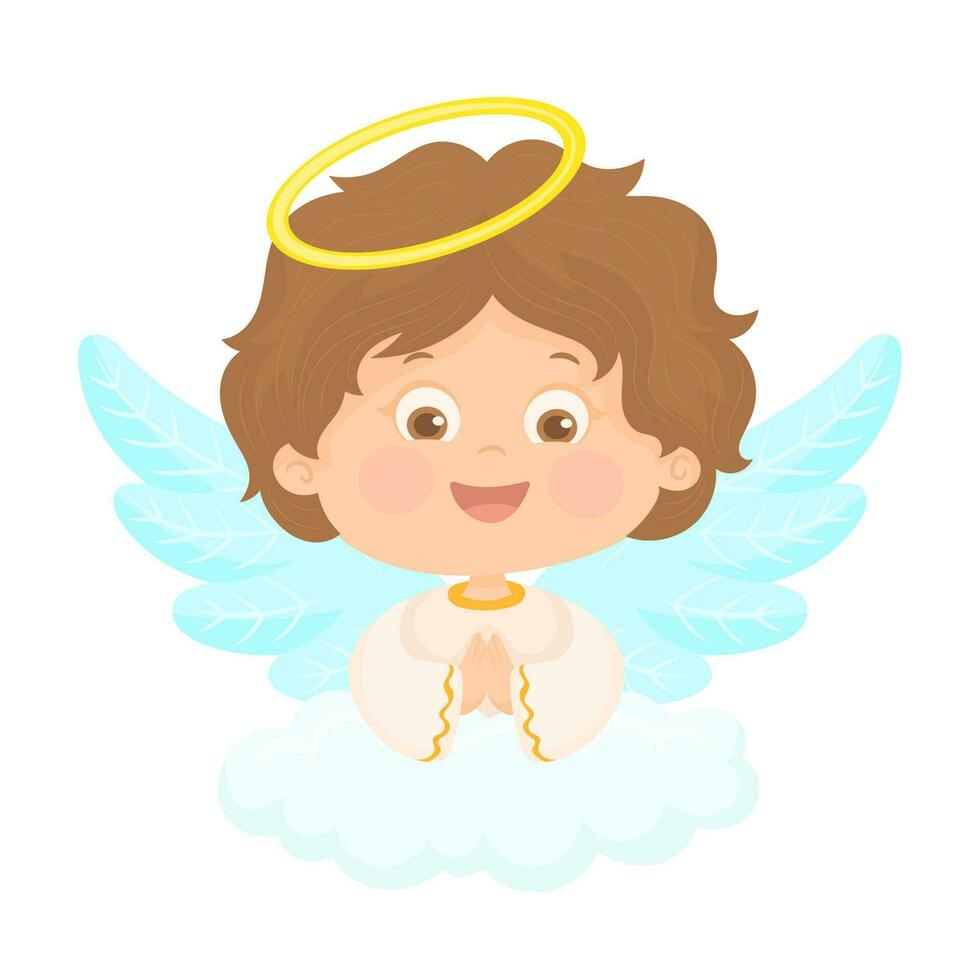 carino bambino angelo giri per Dio, il suo mani piegato nel preghiera. religioso figli di personaggio vettore