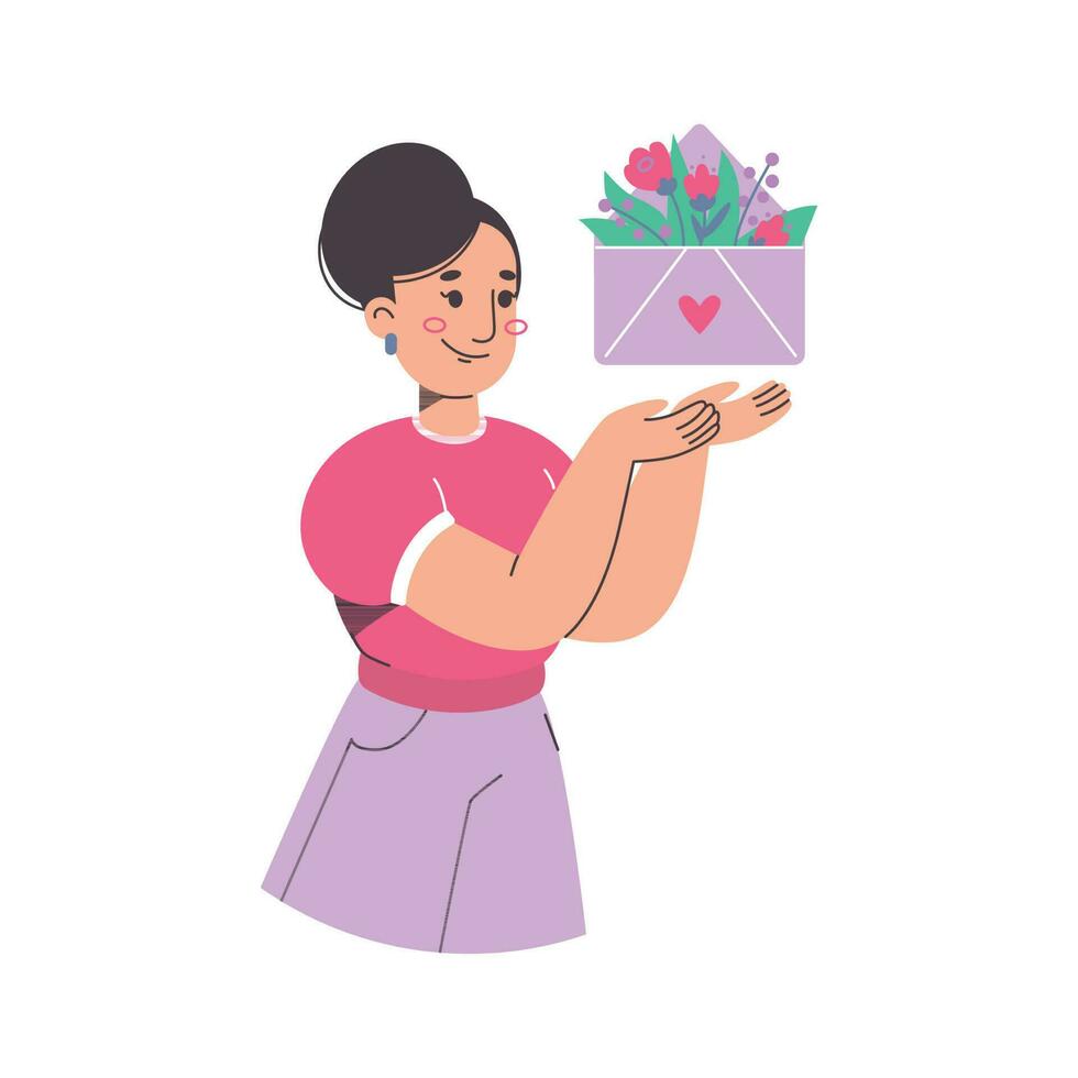 vettore illustrazione di cartone animato donna con il Busta con fiori isolato su bianca sfondo. arte per newsletter, pubblicità, mailing elenco, attività commerciale, saluti, seo.