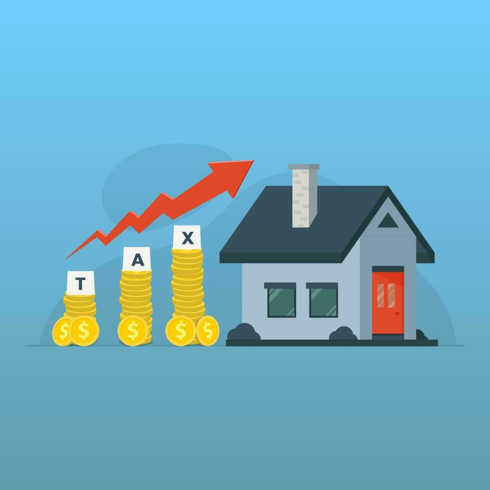 Casa con il parola imposta su i soldi mucchio monete. aumentare nel alloggiamento o proprietà le tasse design vettore