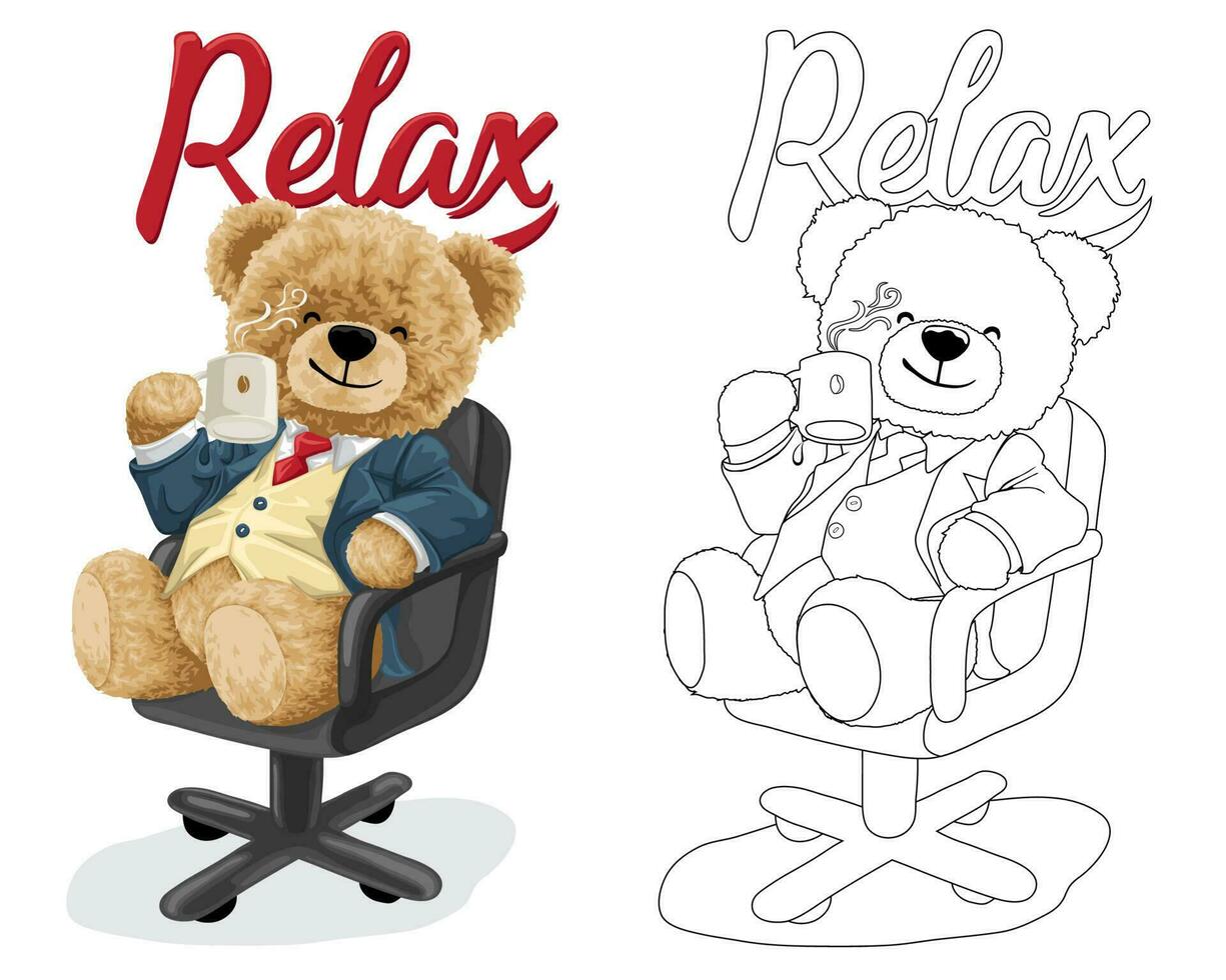mano disegnato vettore illustrazione di orsacchiotto orso nel completo da uomo su sedia bevanda caffè. colorazione libro o pagina