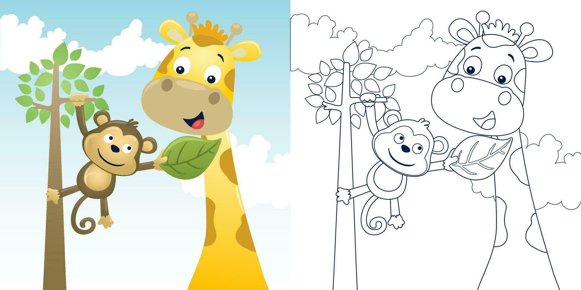 vettore illustrazione di cartone animato giraffa con scimmia su albero. colorazione libro o pagina per bambini