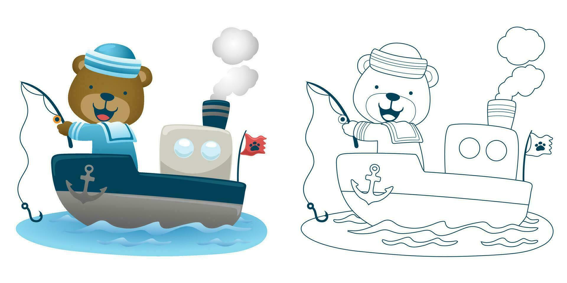 vettore illustrazione di cartone animato orso nel marinaio costume pesca su nave. colorazione libro o pagina