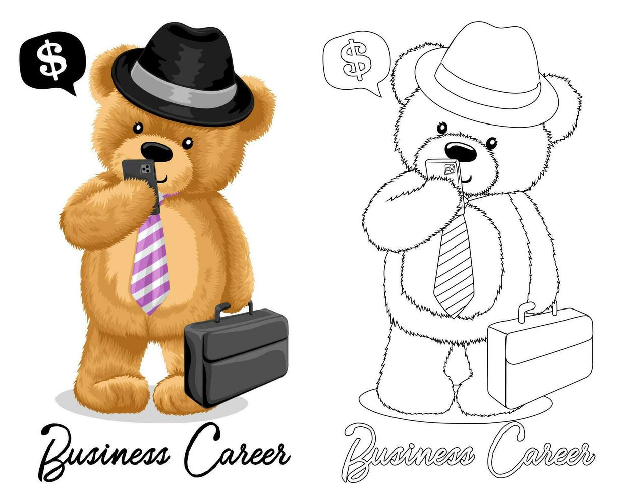 mano disegnato vettore illustrazione di orsacchiotto orso indossare giocatore di bowling cappello e cravatta con valigia Tenere cellulare Telefono. colorazione libro o pagina