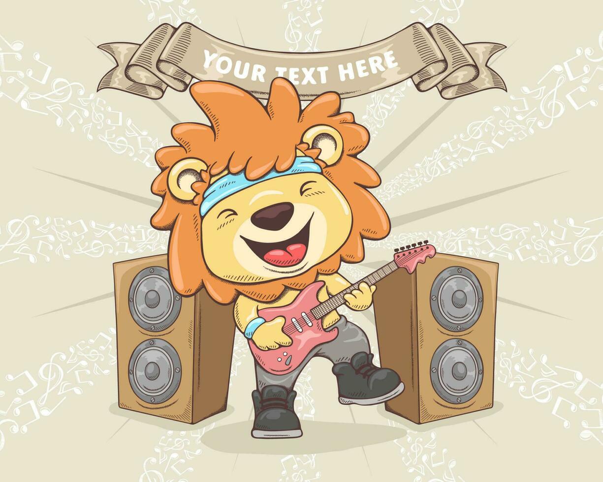 vettore illustrazione di carino Leone giocando elettrico chitarra su musica Appunti sfondo, musicale elementi