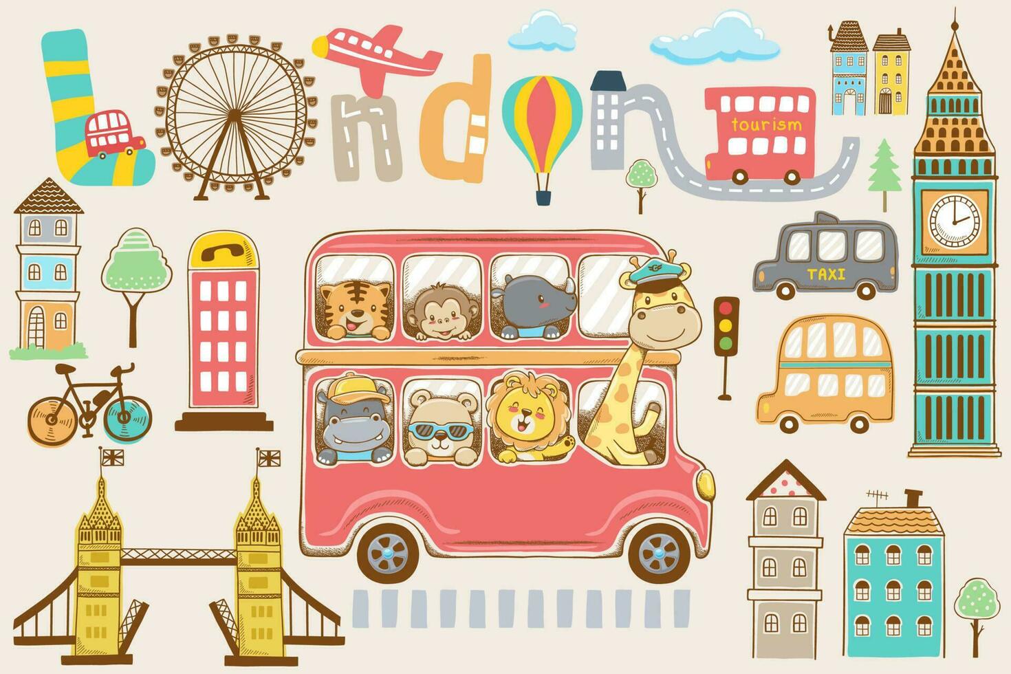 vettore illustrazione di mano disegnato divertente animali cartone animato su rosso autobus con Londra città scarabocchi elementi
