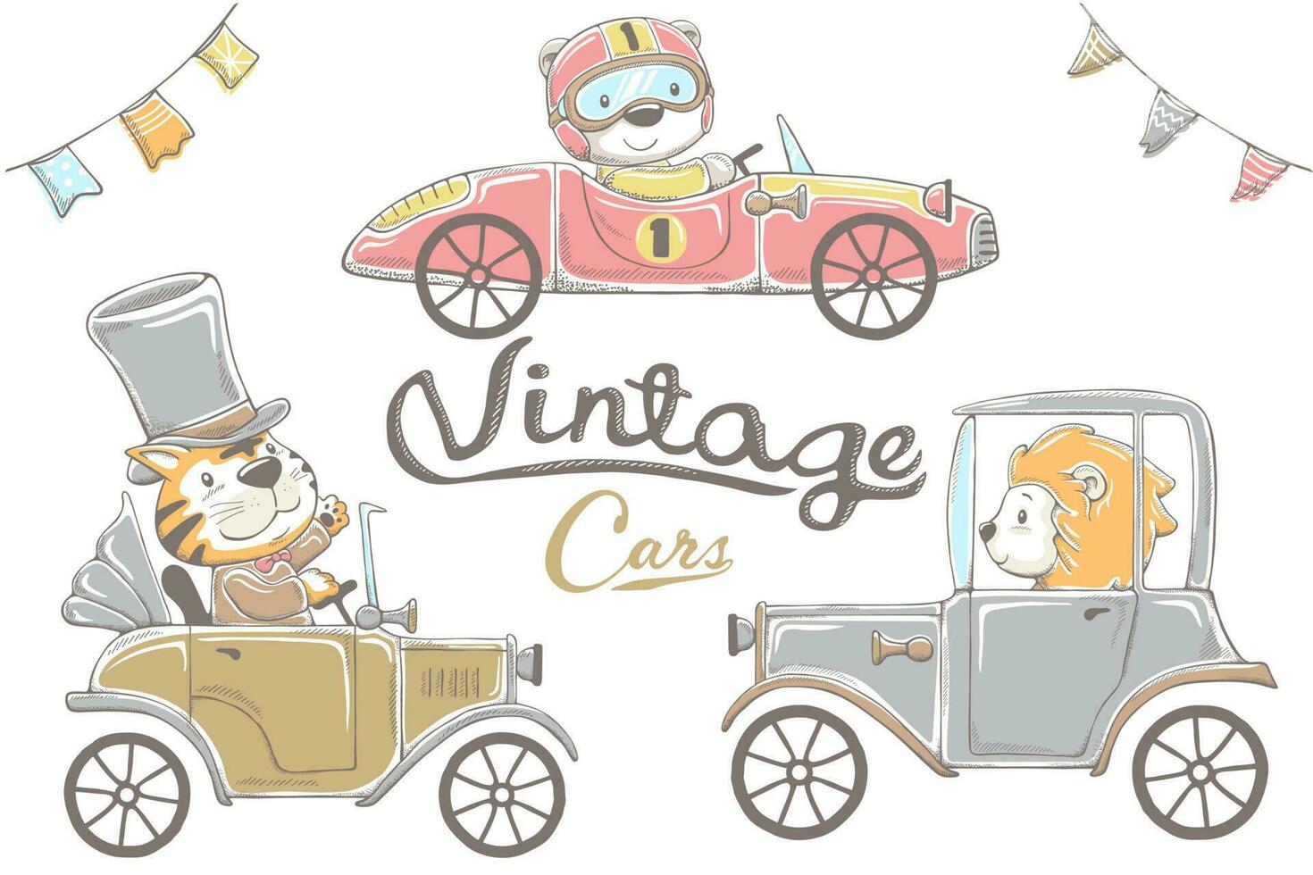vettore illustrazione di mano disegnato divertente animali cartone animato equitazione Vintage ▾ auto