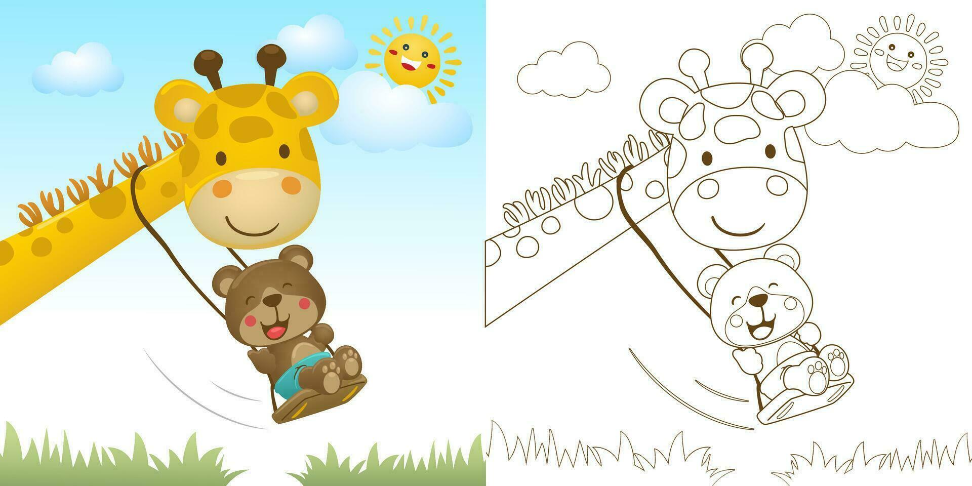 vettore illustrazione di cartone animato orso giocando swing nel giraffe collo. colorazione libro o pagina per bambini