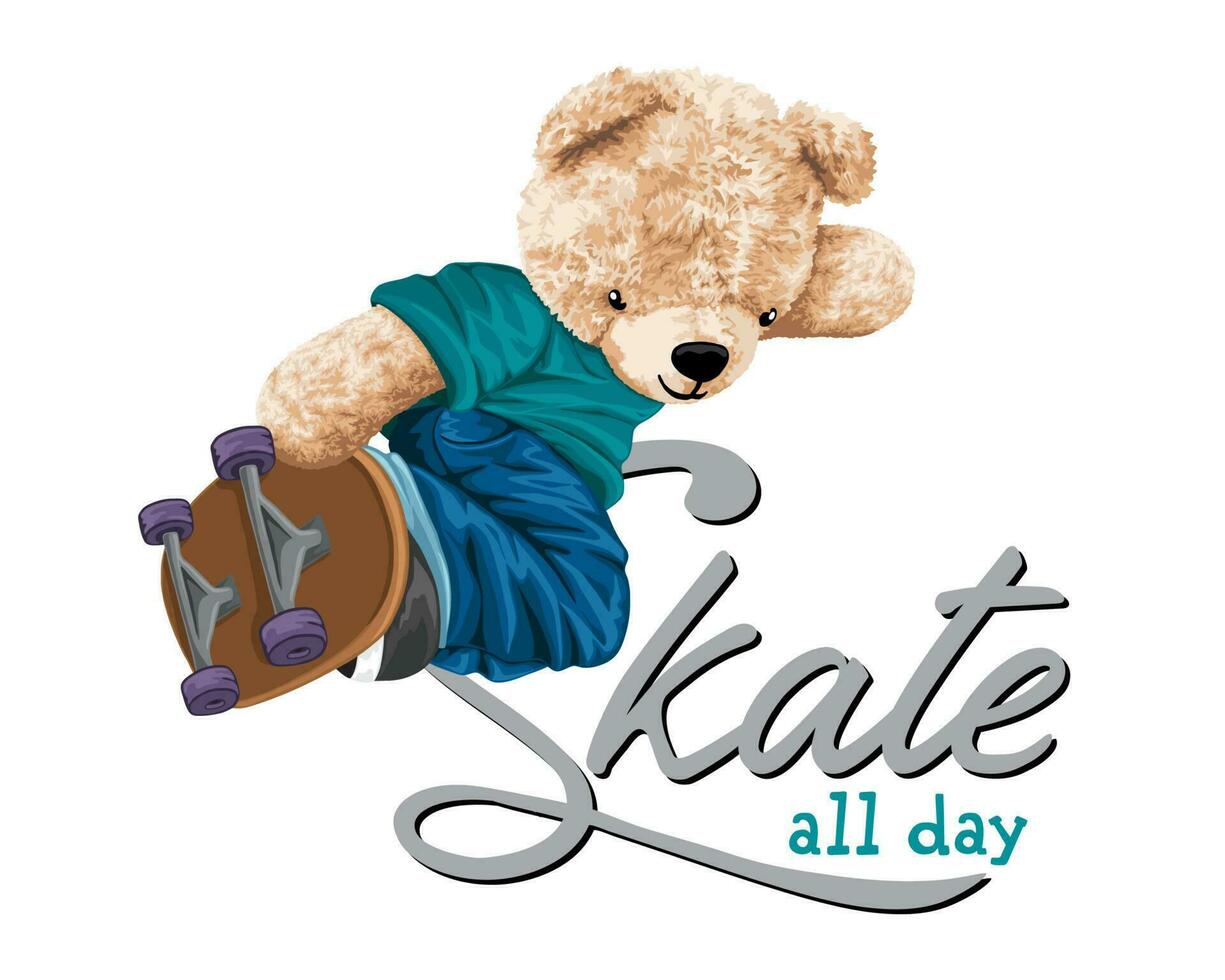 mano disegnato vettore illustrazione di orsacchiotto orso giocare skateboard