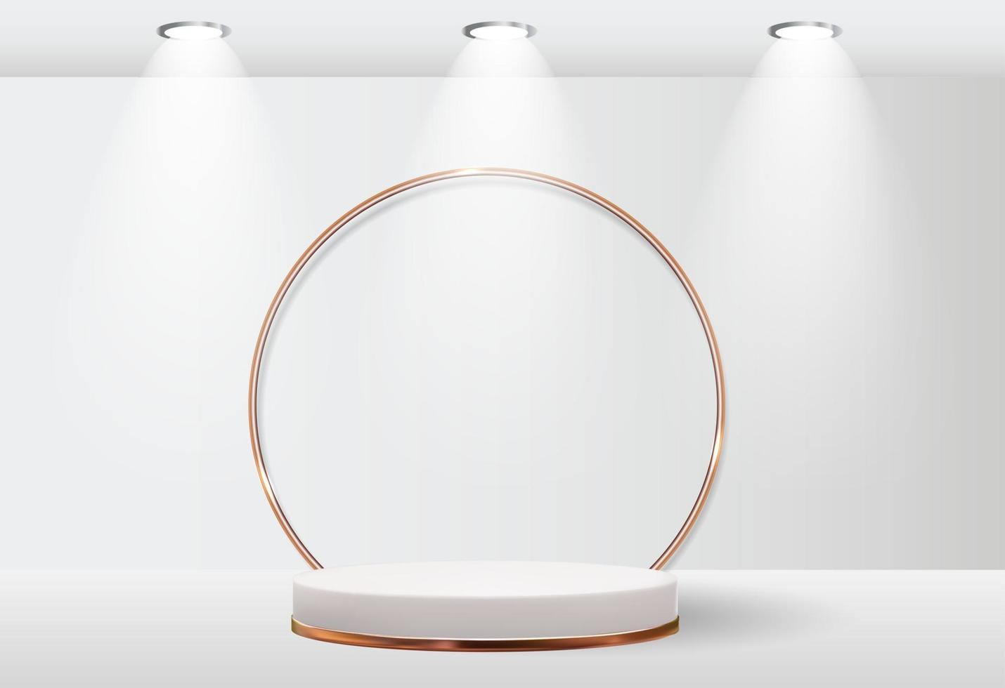 sfondo bianco piedistallo 3d con cornice ad anello in vetro dorato per la presentazione del prodotto cosmetico vettore