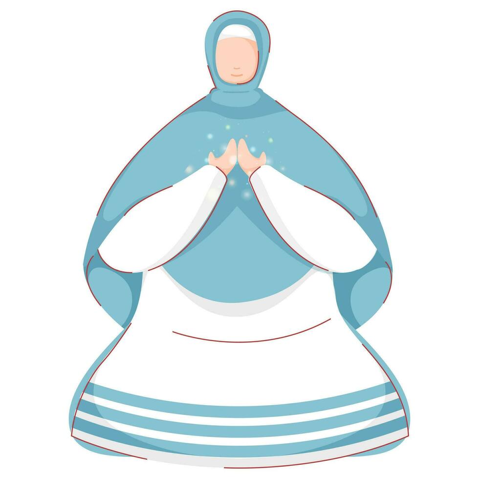 personaggio di musulmano donna offerta preghiera namaz nel seduta posa. vettore