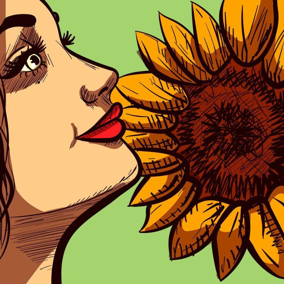 avvicinamento illustrazione di un' donna di viso annusando un' giallo girasole. digitale arte di un' ragazza odorare un' estate fiore. vettore